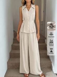 Easowa 2 件套亚麻休闲宽松女士西装，包括有领褶皱无袖上衣和前拉链阔腿裤 - 杏色 - 查看 7