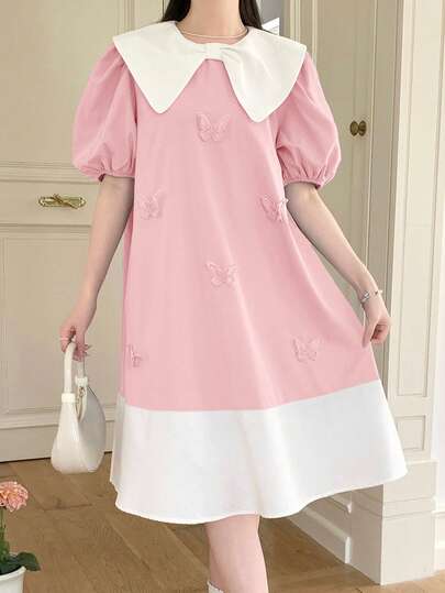 SHEIN 少女粉色和白色泡泡袖优雅简约舒适撞色领立体蝴蝶装饰连衣裙宽松学院风撞色领中长连衣裙，返校季优雅