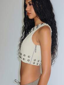 KIZN 铆钉单肩短款上衣节日派对金属配件西部骑行时尚俱乐部装时尚现代简约 - 黃色 - 查看 1