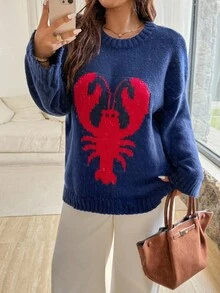 Vionelle 大码女式法式针织提花套头衫，时尚优雅，百搭休闲，适合秋冬 - 藍色 - 查看 4