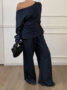 DAZY 2pcs Women Off Shoulder Long Sleeve Top And Loose Pants Set