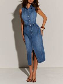 Athîral Women's Button Half Placket Pocket Slit Hem Casual Sleeveless Denim Dress Jeans Dress Denim Dress Women Chambray Dress Curve Denim Dress - Blue - View 5