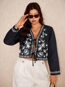 Elaquor Große Größen Lässig Jacke mit Blume Muster und Kordelzug