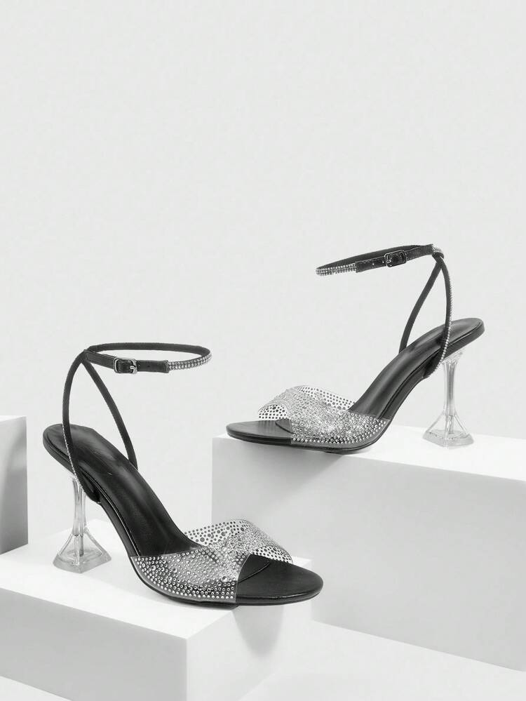 CUCCOO SZL Women's Black Fashionable Sexy Strap Ankle Strap Round Toe Glass Heel High Heel Sandals