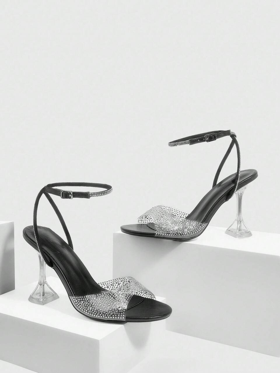 CUCCOO SZL Women's Black Fashionable Sexy Strap Ankle Strap Round Toe Glass Heel High Heel Sandals