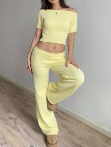 Sunnyshic Women's Yellow Casual Vacation Off Shoulder Short Sleeve Sweater 2 Pieces Set. 2 Pieces Lounge Set Women Yellow Two Pieces Set For Women Butter Yellow Two Pieces Set. Cute And Cozy. Fall Essentials.
