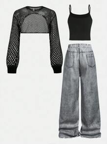 SHEIN Girlism Tween Girl, pantaloni largi cu efect de denim în stil stradal, top crop subțire, cu mânecă lungă, top cu glugă, ținută din 3 piese, modă