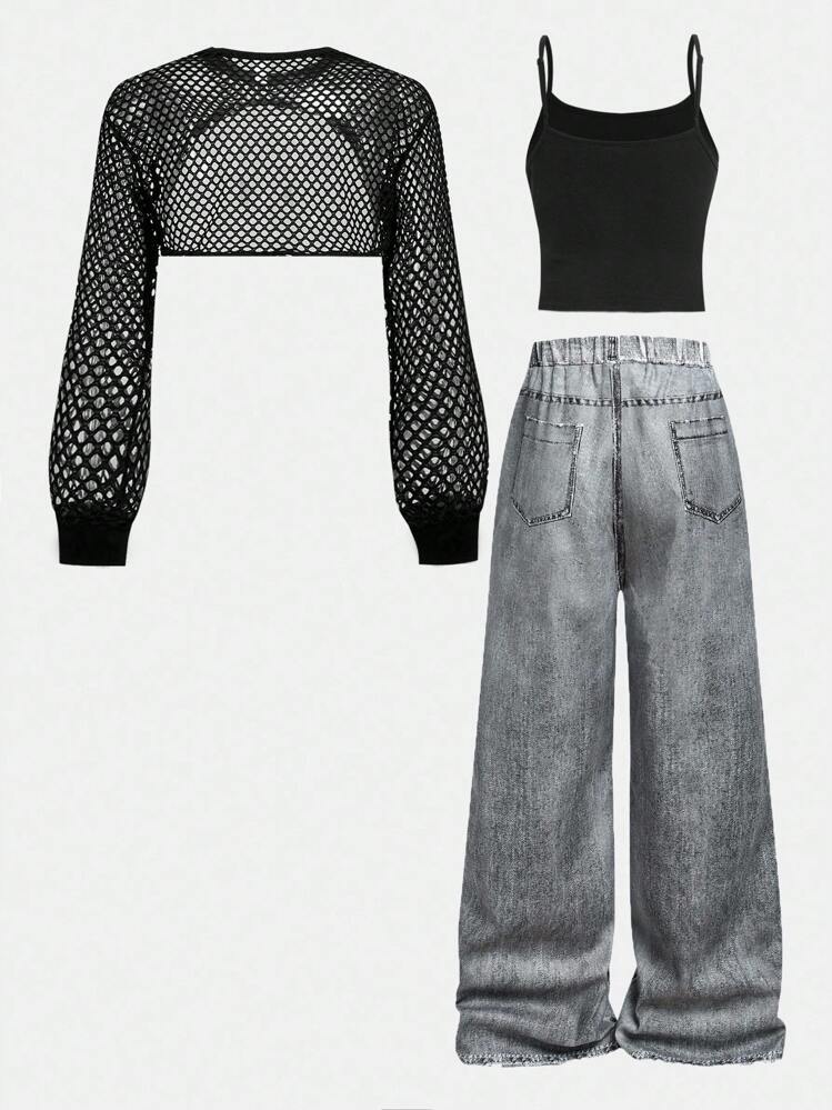 SHEIN Girlism Conjunto de 3 peças de Moda para Meninas Pré-Adolescentes: Calça Denim de Efeito Solto no Estilo Urbano, Top Cropped Camisole Slim Fit, Top com Capuz e Manga Longa em Tela - Preto - Visão 2