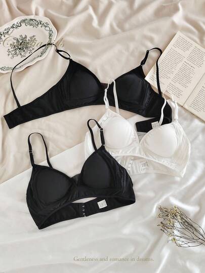 3 件套少女法式光滑面料，网眼衬里，柔软舒适轻盈棉质罩杯文胸，黑白相间，简约时尚基础款