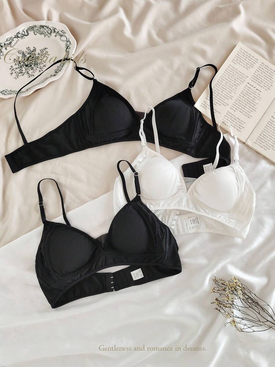 3 件套少女法式光滑面料，网眼衬里，柔软舒适轻盈棉质罩杯文胸，黑白相间，简约时尚基础款