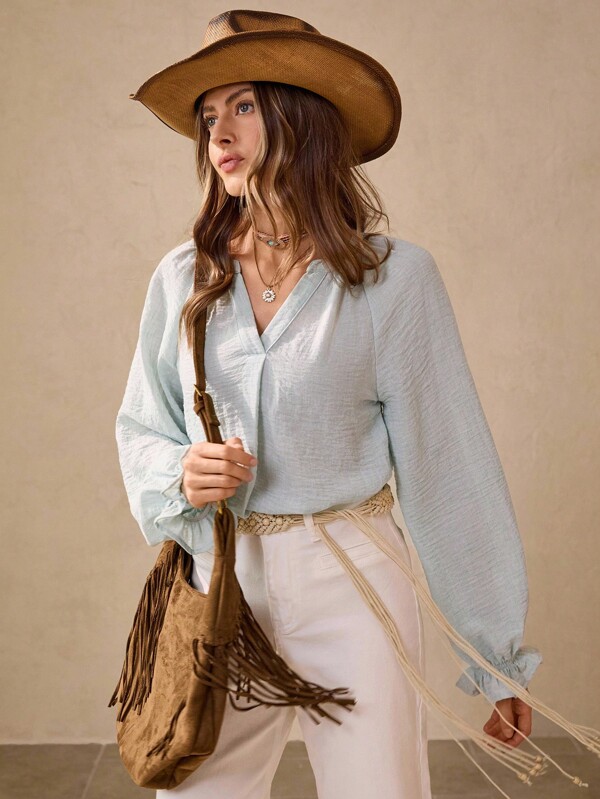 Wildy Blusa de mujer de unicolor casual para vacaciones con cuello en pico