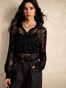 House of One Collared Long Sleeves Transparent Black Lace Shirt Top Women Casual Elegant Party Autumn Lace Blouse