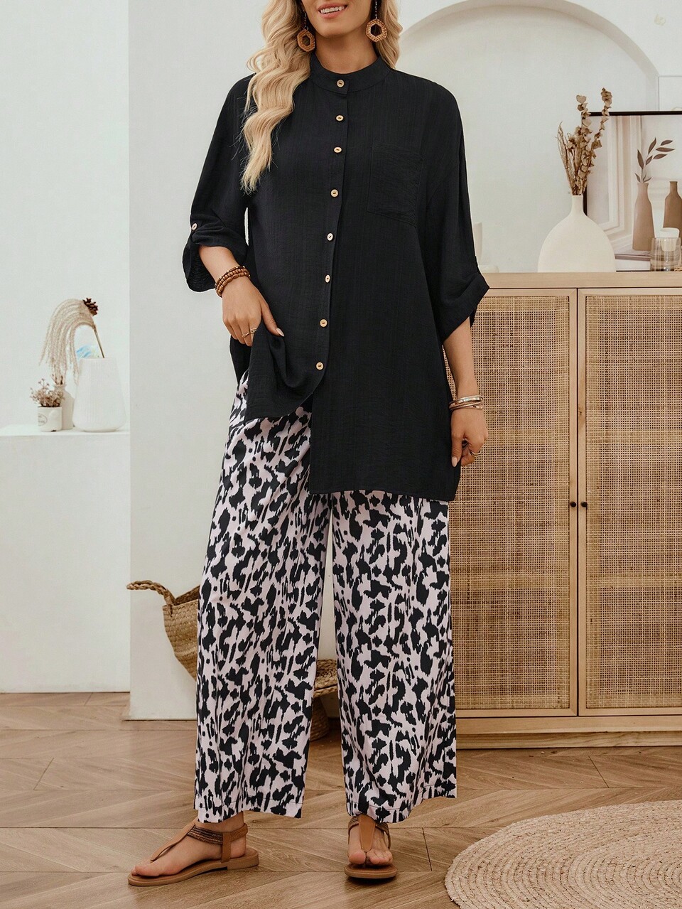 Women's Two Pieces Set Black And Pink Leopard Print,Autumn Casual Vacation Holiday Button Up Long Sleeve Shirt & Wide Leg Pants Business Outfits