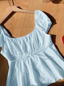 Comfortcana Textured Jacquard Ruched T-Shirt, Minimalist Fashion Casual For Everyday Wear - Blue - View 9