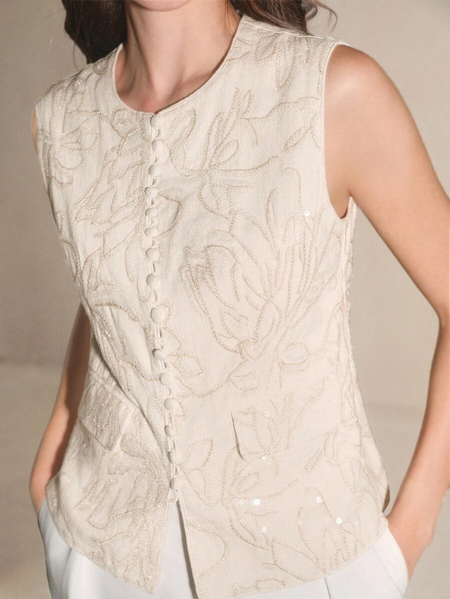 Anewsta Elegante e Fashionable Colete Slim Fit de Luxo com Bordado de Lantejoulas, Cor Damasco, Adequado para Primavera e Outono