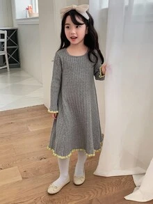 DAZY 女童圆领休闲针织中长连衣裙 - 灰色 - 查看 6