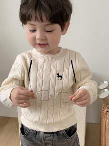 Hapijoa Áo len dệt kim xoắn cổ tròn thêu họa tiết hoạt hình cho bé trai màu trơn thu đông - Màu be - Xem 6