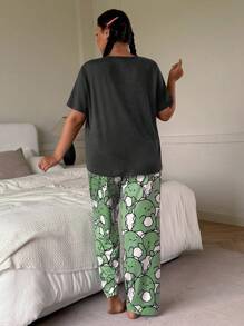 SHEIN Cute Dinosaur Print Short Sleeve & Long Pants Plus Size Pajama Set Green Pj Set Dinosaur Pajamas