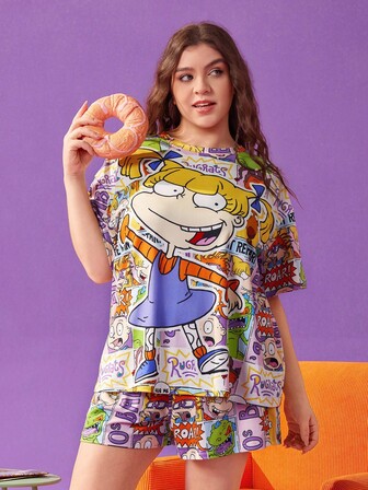 Nick 90s | SHEIN 大码夏季可爱卡通图案圆领短袖上衣和短裤睡衣套装