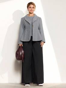 Momelise Plus Size Casual Elegant Daily Office Commute Solid Color Umbrella Hem Mandarin Collar Textured Button Detail Blazer Vintage Autumn Fall Cloth For Women Winter - Grey - View 4