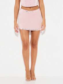 KIZN Mini Skirt With Studded Details Evening Party Clubwear Y2K Fashion Shiny Metallic Satin Slim Fit Statement Bottom Wear Festival - Pink - View 5