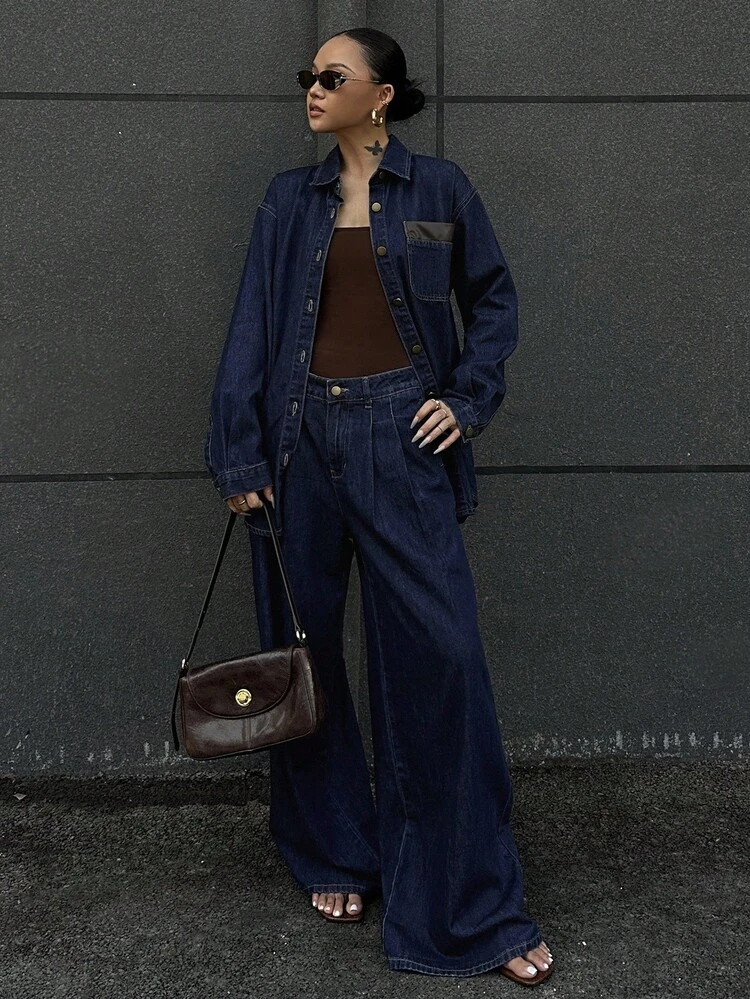 Women's Drop Shoulder Long Sleeve Single-Breasted Pocket Jacket And Pants Casual Denim Suit