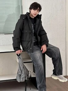 Dazy Kids 青少年男孩纯色实用口袋拉链前休闲连帽冬季夹克 - 黑色 - 查看 3
