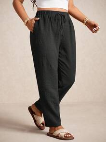 Elaquor 大码女式纯色腰带口袋锥形休闲裤 - 黑色 - 查看 1