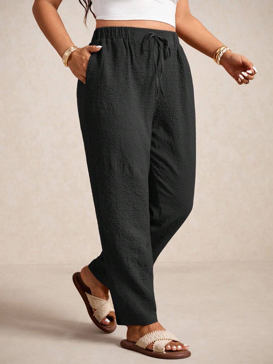 Elaquor 大码女式纯色腰带口袋锥形休闲裤 - 黑色 - 查看 1