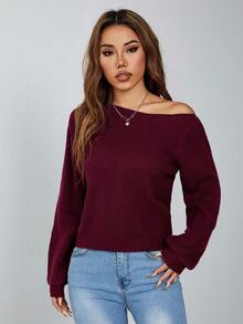 EURMUSE Pullover med sneda axlar och pit randig damtröja - Bourgogne - Visa 8