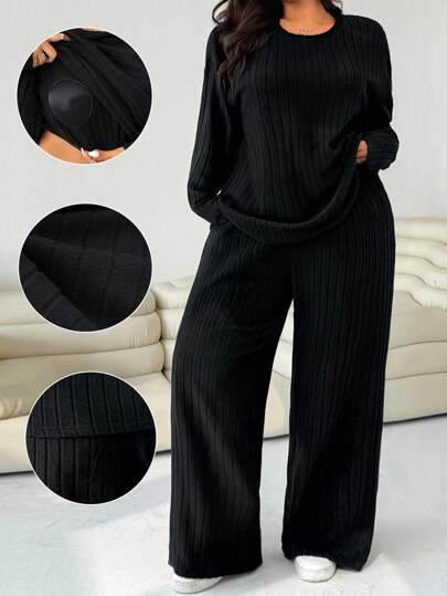 Solflare Plus Size Women's Solid Color Round Neck Long Sleeve Ribbed T-Shirt And Pants Casual 2 Pieces Set,Autumn/Winter,Fall Clothes For Women Two Pieces Set Women Comfy 2 Pieces Lounge Sets Woman Comfortable Two Pieces Set Long Sleeve Two Pieces Set Ribbed Two Pieces Set,Appointment,Date,Keep Warm,Party, Going Out,Wedding Guest,Chic,At Home,Christmas