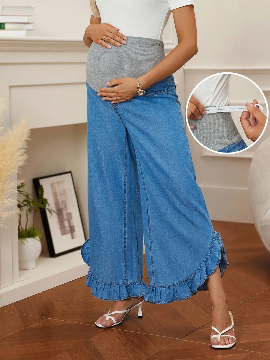 SHEIN Jeans de maternidad con cintura alta, dobladillo con volantes y pierna ancha, en diseño de patchwork de colores contrastantes - Azul - Ver 1