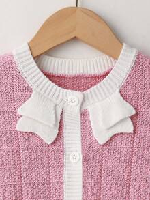 SHEIN Girls' Fashionable Bowknot Round Neck Cardigan, Suitable For Travel, Party, Back To School - Pink - View 3