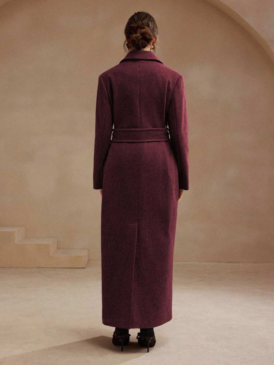 Anewsta Women's Elegant Burgundy Mid-Length Belted Wool Blend Coat, Winter Outerwear