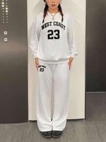 SHEIN Teenager Girls' Casual Comfortable Loose Fit Letter Graphic Crewneck Sweatshirt And Pants 2 Piece Set