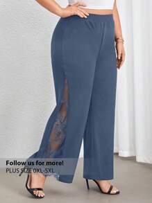 Firerie Plus Size High Waist Wide Leg Pants With Lace Panel And Side Slit, Elegant For Commute And Daily Wear, Spring/Summer