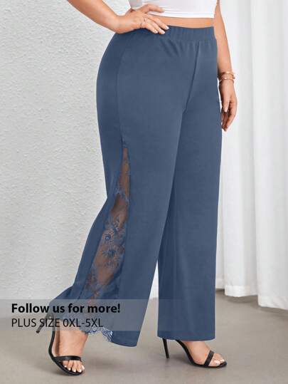 Firerie Plus Size High Waist Wide Leg Pants With Lace Panel And Side Slit, Elegant For Commute And Daily Wear, Spring/Summer