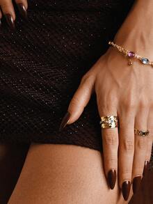 Glisma 18K 镀金 1 件纹理、金属、水钻、立方氧化锆戒指，优雅、可爱、奢华，适合工作、派对、休闲、婚礼、节日、度假、露营、Y2K、妈妈、女士、女孩、秋季、冬季、节日、假日、度假、老钱、万圣节 - 金黃色 - 查看 3