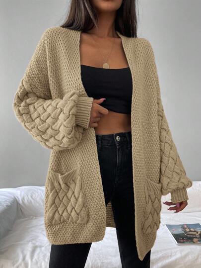 EURMUSE Dual Pocket Drop Shoulder Open Front Cardigan