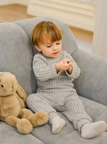 Souflis 2pcs Baby Boys' Cute Gray Ribbed Teddy Bear Graphic Long Sleeve Top And Gray Ribbed Pants Set, Autumn/Winter Toddler Sleep Wear Warm Jumpsuit For Baby Boy Fall - Grey - View 3