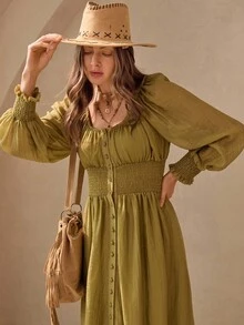 Wildy Rochie casual cu mânecă lungă, stil american rustic, culoare verde salvie, mâneci evazate - Verde - Vizualizare 4