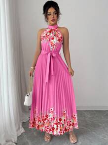 Elenzga 女式夏季优雅花卉宽松露背连衣裙 - 玫紅色 - 查看 3