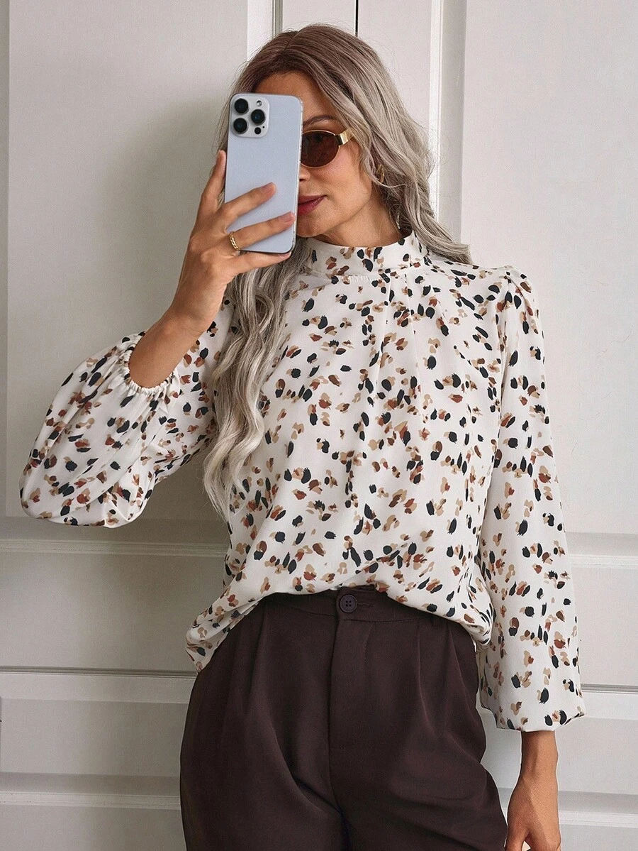 EMERY ROSE Women's Printed Lantern Sleeve Shirt,Long Sleeve Tops - Multicolor - View 1