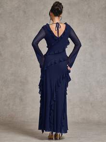 SHEIN BAE Váy maxi dài tay nhún bèo lãng mạn mùa thu, thanh lịch cho hẹn hò, du lịch, đồ lót mùa thu, thích hợp cho ngày lễ tình nhân, nơ, váy thanh lịch cho phụ nữ, váy ngày lễ, váy trang trọng cho phụ nữ, váy midi cho phụ nữ, váy mùa hè, lưới, tay áo mỏng, váy thường ngày, váy cưới cho phụ nữ, cong hơn, váy sinh nhật cỡ lớn, cong, váy dạ hội, mùa hè, mùa thu - Màu xanh hải quân - Xem 2