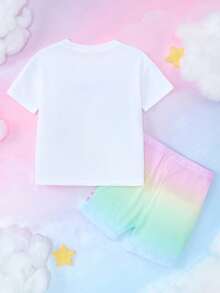 My Little Pony X SHEIN 2 件套年轻女孩休闲可爱马匹印花圆领短袖 T 恤和短裤，夏季 - 彩色 - 查看 2