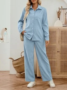 EMERY ROSE Women's Solid Color Pocket Long Sleeve Single-Breasted Shirt And Pants Corduroy 2 Pieces Lounge Sets,Light Blue Autumn Casual Occasion Fall Outfit - Blue - View 5