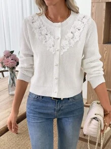 EMERY ROSE New Autumn/Winter Slim Fit Vintage Rejuvenating Gentle Elegant Versatile Lace Crochet Cardigan For Women Fall Back To School - White - View 8