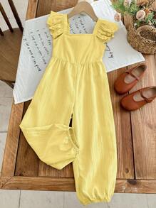 SHEIN X Scheana LMoss Kids Young Girl Woven Solid Color Ruffle Jumpsuit - Yellow - View 10