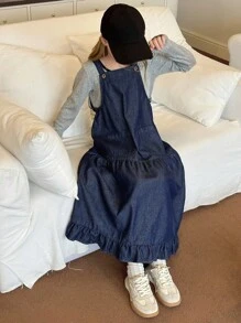 Hapijoa 女童牛仔背带裙，青春期女孩秋装 - 藍色 - 查看 5