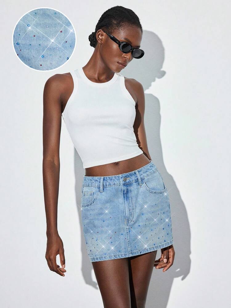 SHEIN Maija Women's Blue Denim Skirt BLINGBLING Hot Diamond Y2K Music Festival